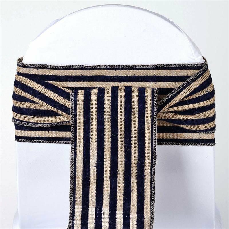 Natural / Navy Blue Stripes Rustic Burlap Jute Chair Sash 6″x108″  |   Jute Burlap & Lace Chair Sashes Jute Burlap & Lace