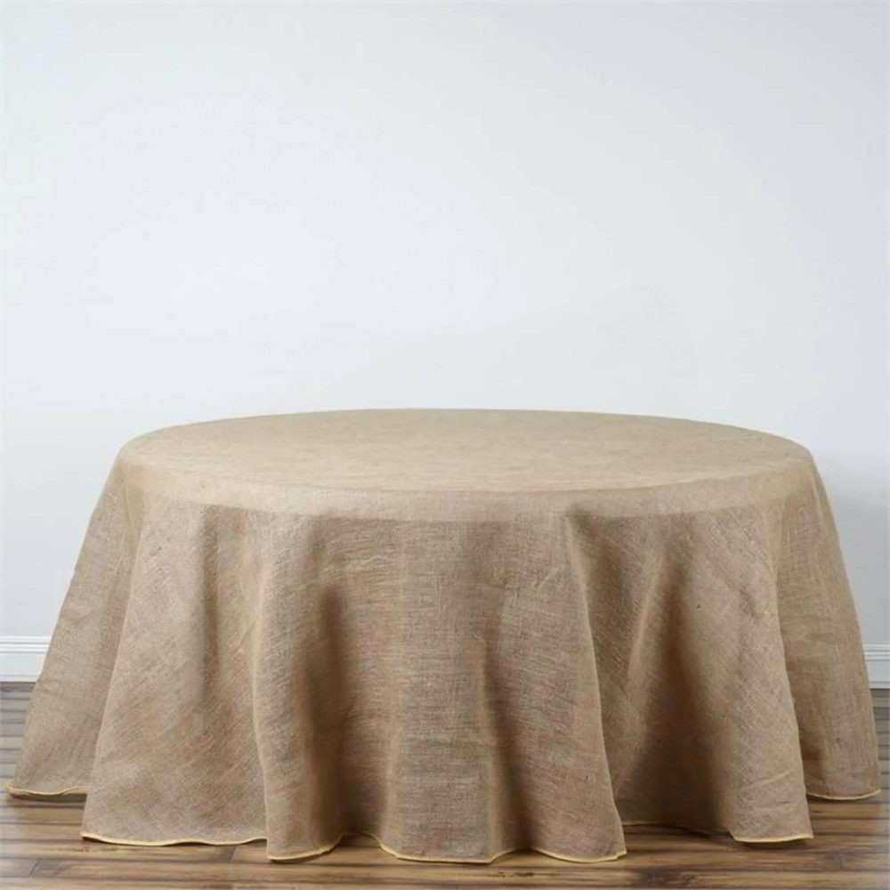 Natural Round Burlap Rustic Seamless Tablecloth Jute Linen Table Decor 120″ for 5 Foot Table With Floor-Length Drop  |   Jute Burlap & Lace Jute Burlap & Lace Jute Burlap & Lace