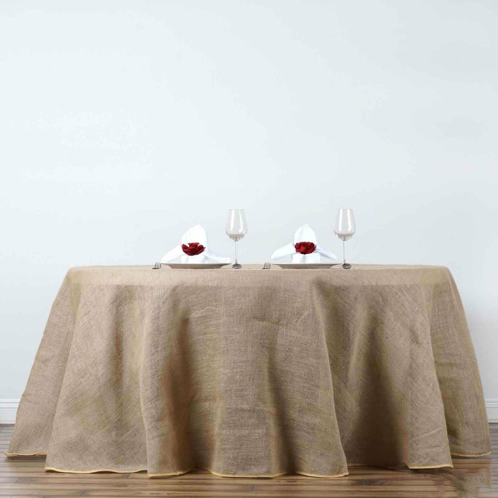 Natural Round Burlap Rustic Seamless Tablecloth Jute Linen Table Decor 132″ for 6 Foot Table With Floor-Length Drop  |   Jute Burlap & Lace Jute Burlap & Lace Jute Burlap & Lace