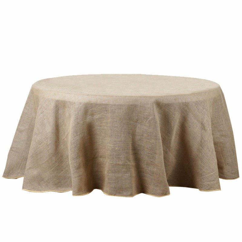 Natural Round Burlap Rustic Seamless Tablecloth Jute Linen Table Decor 132″ for 6 Foot Table With Floor-Length Drop  |   Jute Burlap & Lace Jute Burlap & Lace Jute Burlap & Lace