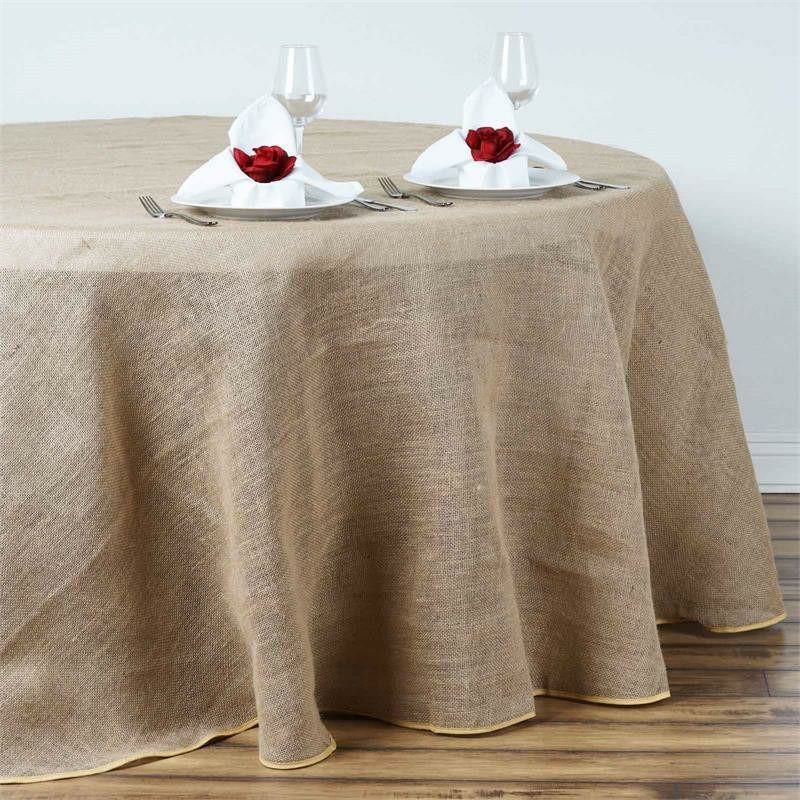 Natural Round Burlap Rustic Seamless Tablecloth Jute Linen Table Decor 90″  |   Jute Burlap & Lace Jute Burlap & Lace Jute Burlap & Lace