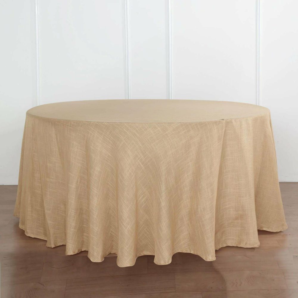 Natural Seamless Round Tablecloth, Linen Table Cloth With Slubby Textured, Wrinkle Resistant 120″ for 5 Foot Table With Floor-Length Drop  |   Jute Burlap & Lace Jute Burlap & Lace Jute Burlap & Lace