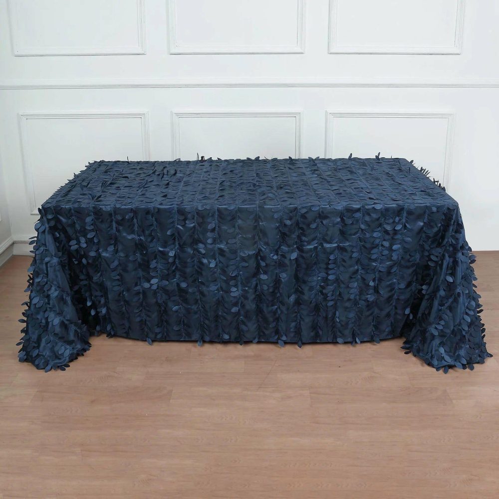 Navy Blue 3D Leaf Petal Taffeta Fabric Seamless Rectangle Tablecloth 90″x132″ for 6 Foot Table With Floor-Length Drop  |   Pintuck, Crinkle & Leaf Pintuck, Crinkle & Leaf Navy blue