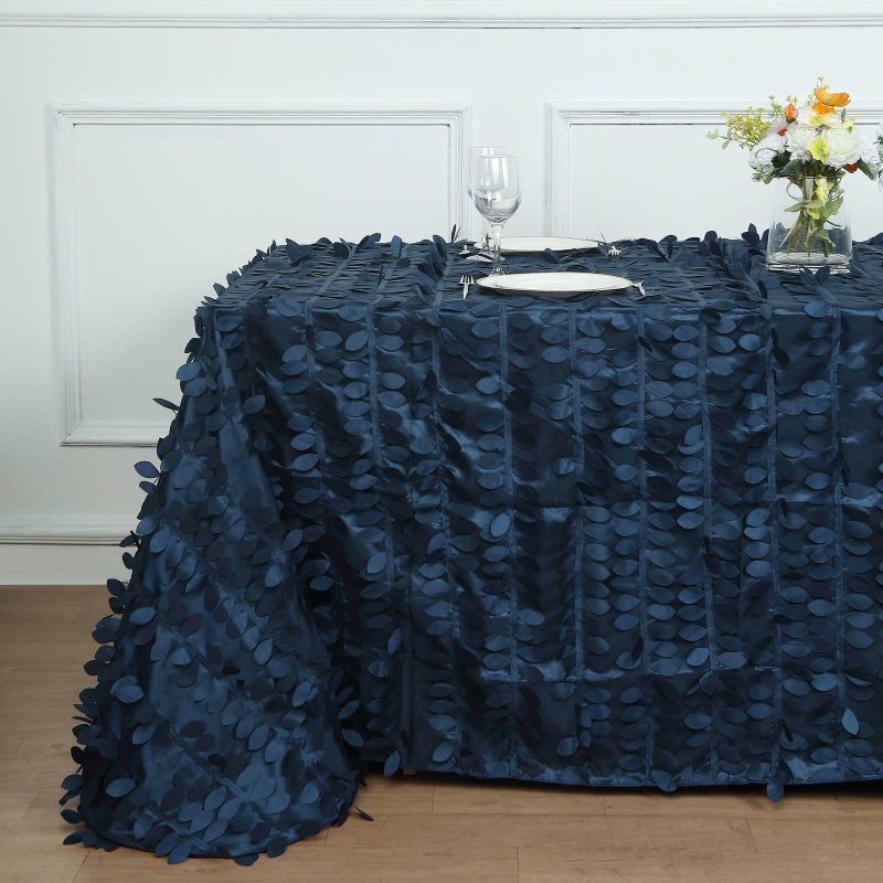 Navy Blue 3D Leaf Petal Taffeta Fabric Seamless Rectangle Tablecloth 90″x156″ for 8 Foot Table With Floor-Length Drop  |   Pintuck, Crinkle & Leaf Pintuck, Crinkle & Leaf Navy blue