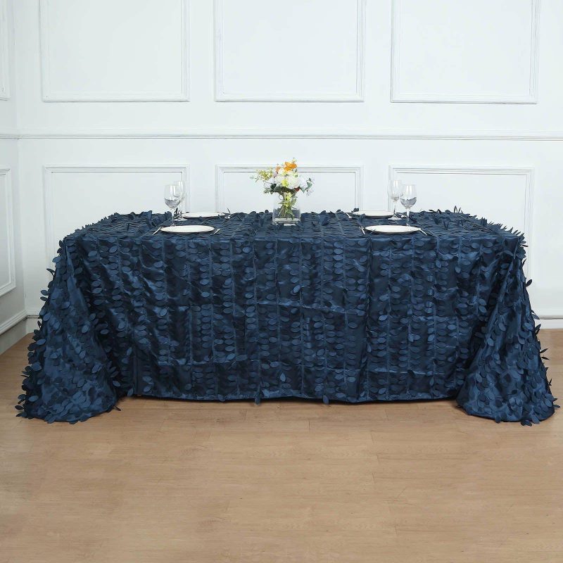 Navy Blue 3D Leaf Petal Taffeta Fabric Seamless Rectangle Tablecloth 90″x156″ for 8 Foot Table With Floor-Length Drop  |   Pintuck, Crinkle & Leaf Pintuck, Crinkle & Leaf Navy blue