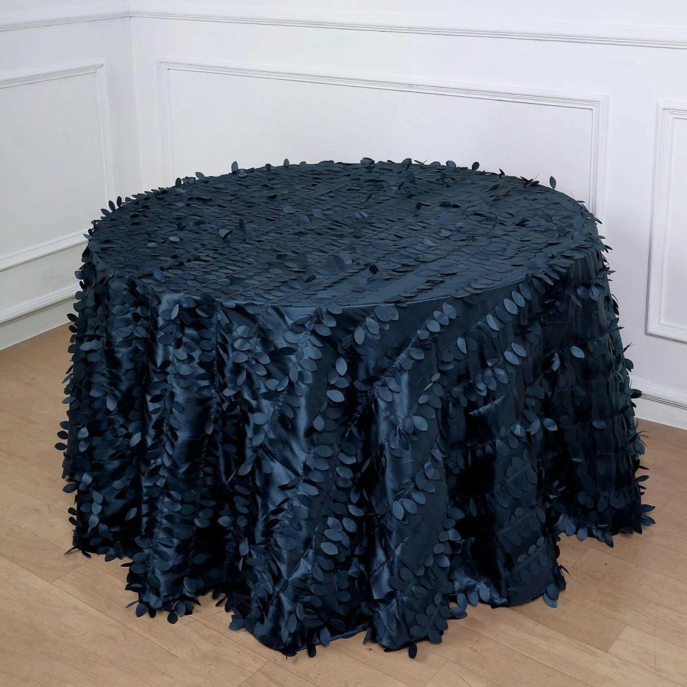 Navy Blue 3D Leaf Petal Taffeta Fabric Seamless Round Tablecloth 120″ for 5 Foot Table With Floor-Length Drop  |   Pintuck, Crinkle & Leaf Pintuck, Crinkle & Leaf Navy blue