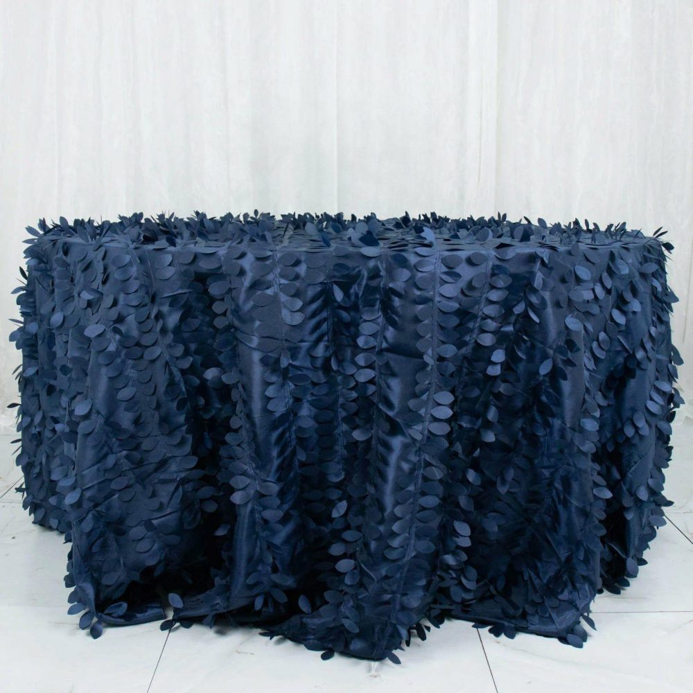 Navy Blue 3D Leaf Petal Taffeta Fabric Seamless Round Tablecloth 132″ for 6 Foot Table With Floor-Length Drop  |   Pintuck, Crinkle & Leaf Pintuck, Crinkle & Leaf Navy blue