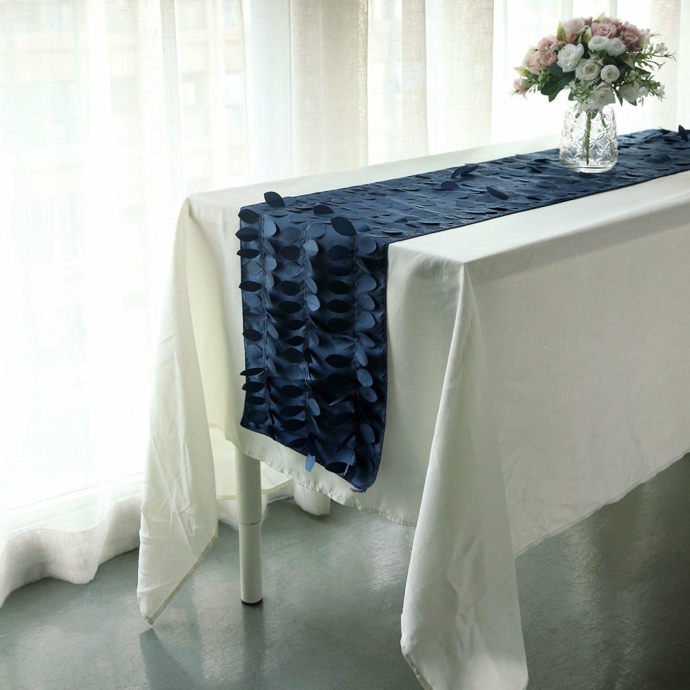 Navy Blue 3D Leaf Petal Taffeta Fabric Table Runner 12″x108″  |   Stylish Stylish Navy blue