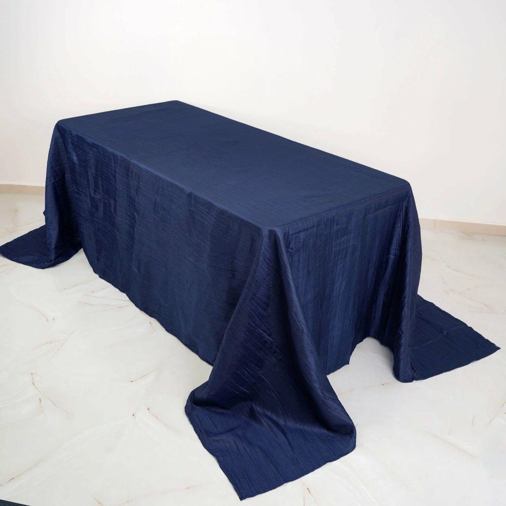 Navy Blue Accordion Crinkle Taffeta Seamless Rectangular Tablecloth 90″x132″ for 6 Foot Table With Floor-Length Drop  |   Pintuck, Crinkle & Leaf Pintuck, Crinkle & Leaf Navy blue