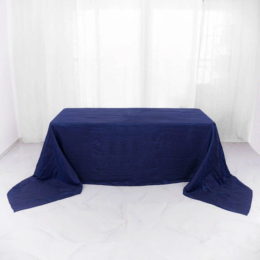 Navy Blue Accordion Crinkle Taffeta Seamless Rectangular Tablecloth 90″x156″ for 8 Foot Table With Floor-Length Drop  |   Pintuck, Crinkle & Leaf Pintuck, Crinkle & Leaf Navy blue