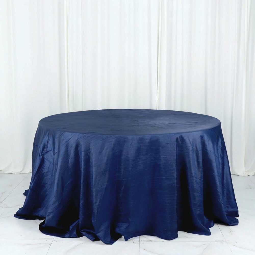 Navy Blue Accordion Crinkle Taffeta Seamless Round Tablecloth 132″ for 6 Foot Table With Floor-Length Drop  |   Pintuck, Crinkle & Leaf Pintuck, Crinkle & Leaf Navy blue