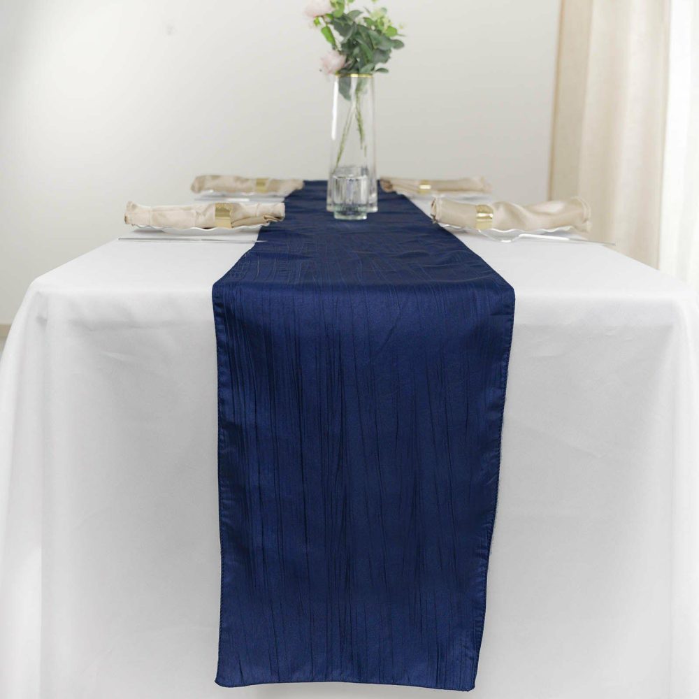 Navy Blue Accordion Crinkle Taffeta Table Runner, Elegant Linen Runner 12″x108″  |   Satin & Taffeta Satin & Taffeta Navy blue