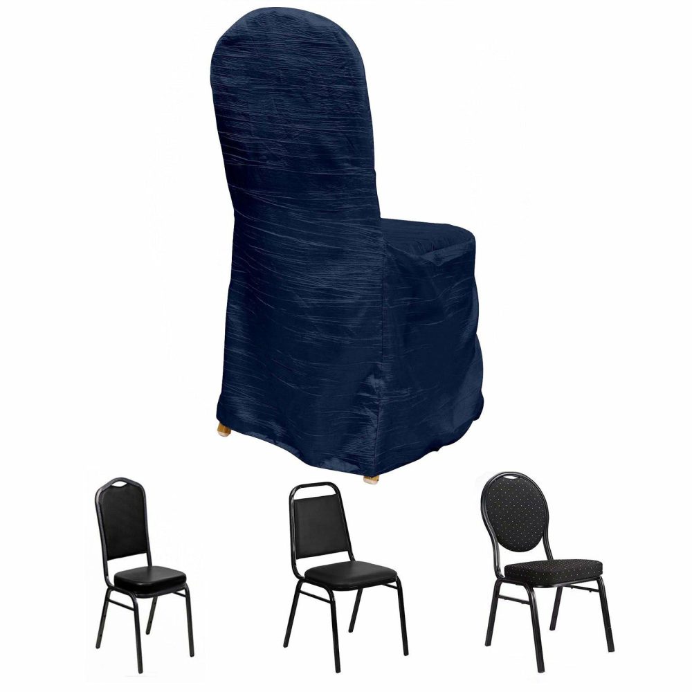 Navy Blue Crinkle Crushed Taffeta Banquet Chair Cover, Reusable Wedding Chair Cover  |   Polyester & Satin Banquet Chair Covers Navy blue