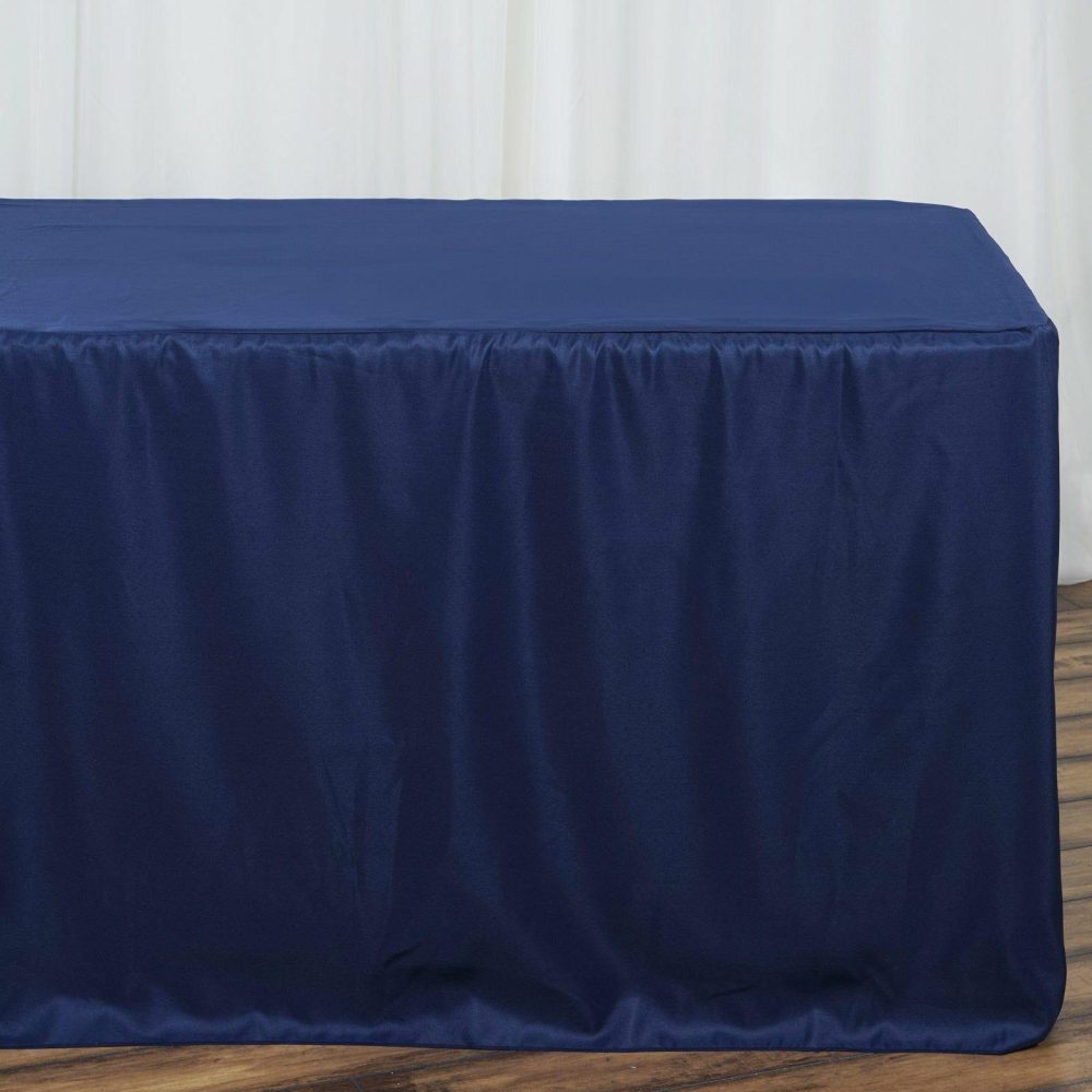 Navy Blue Fitted Polyester Rectangle Tablecloth 8ft Table Cover For 96″x30″ Tables  |   Spandex & Fitted Spandex & Fitted Navy blue