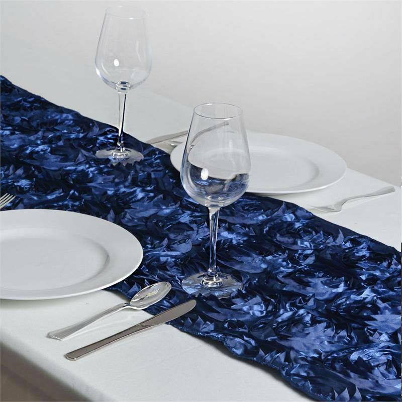 Navy Blue Grandiose Rosette Satin Table Runner 14″x108″  |   Satin & Taffeta Satin & Taffeta Navy blue