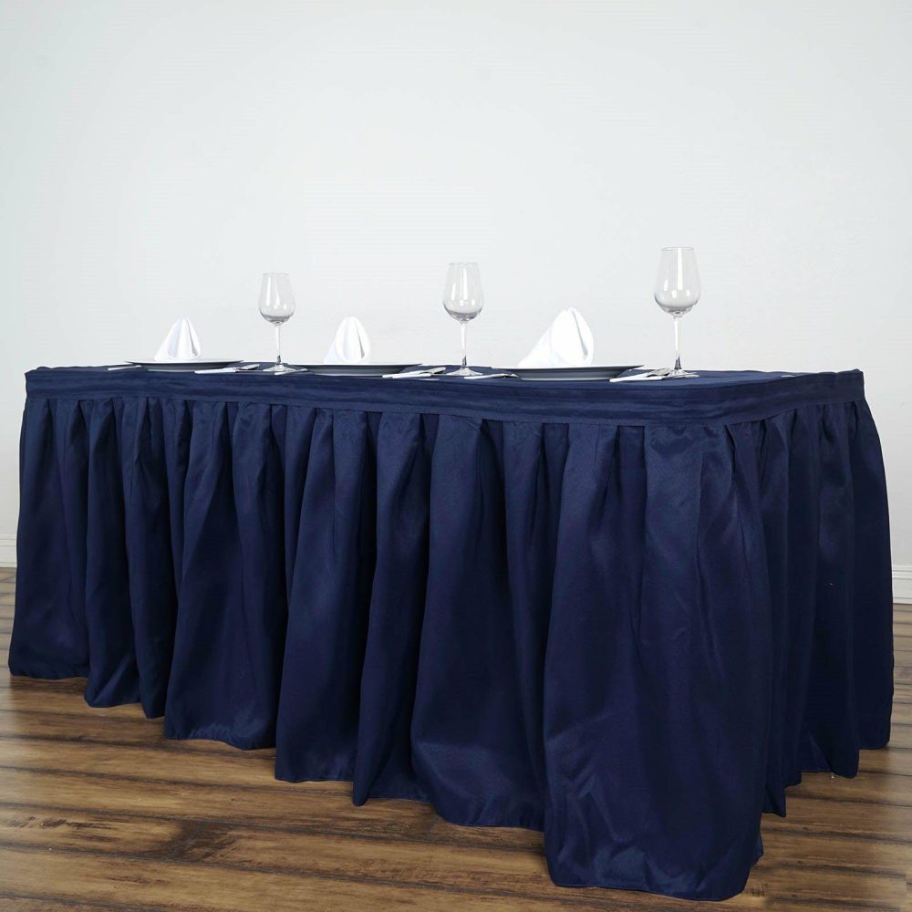 Navy Blue Pleated Polyester Table Skirt, Banquet Folding Table Skirt 17ft  |   Polyester Polyester Navy blue