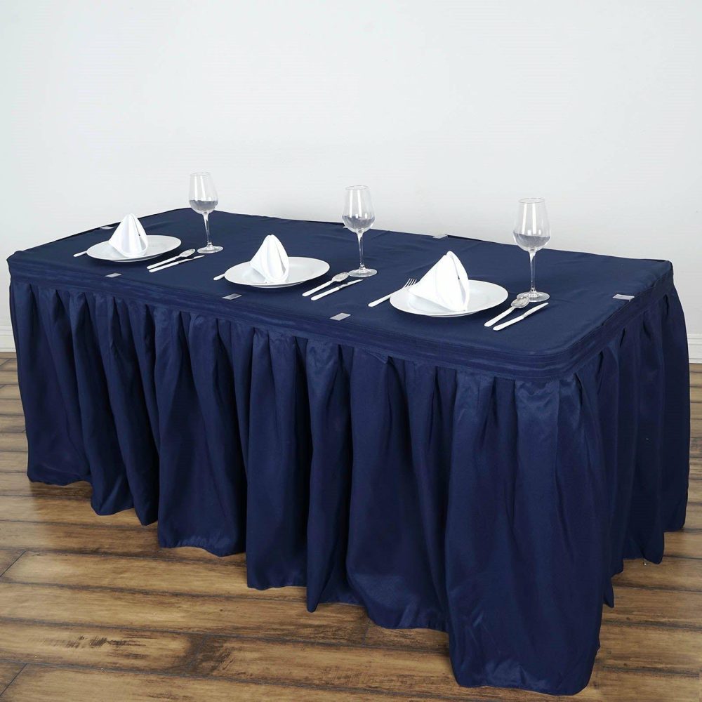 Navy Blue Pleated Polyester Table Skirt, Banquet Folding Table Skirt 21ft  |   Polyester Polyester Navy blue