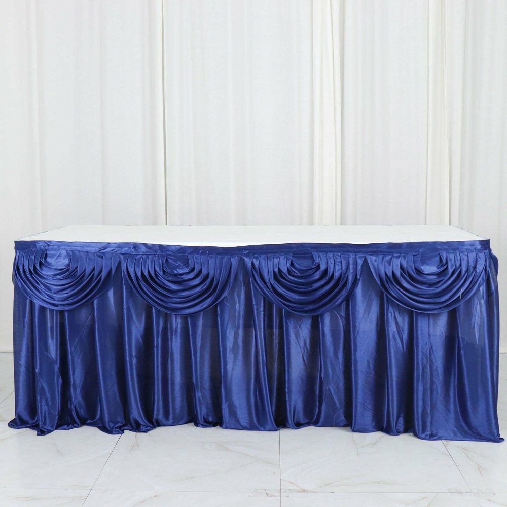 Navy Blue Pleated Satin Double Drape Table Skirt 14ft  |   Satin Shimmer Satin Shimmer Navy blue