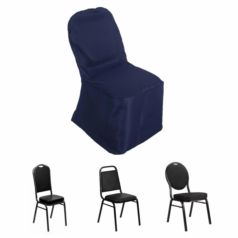 Navy Blue Polyester Banquet Chair Cover, Reusable Stain Resistant Slip On Chair Cover  |   Polyester & Satin Banquet Chair Covers Navy blue