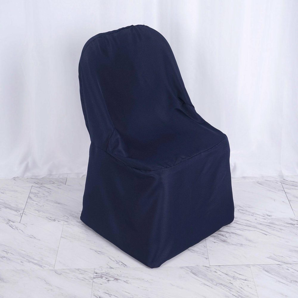 Navy Blue Polyester Folding Chair Cover, Reusable Stain Resistant Slip On Chair Cover  |   Polyester & Satin Folding Chair Covers Navy blue