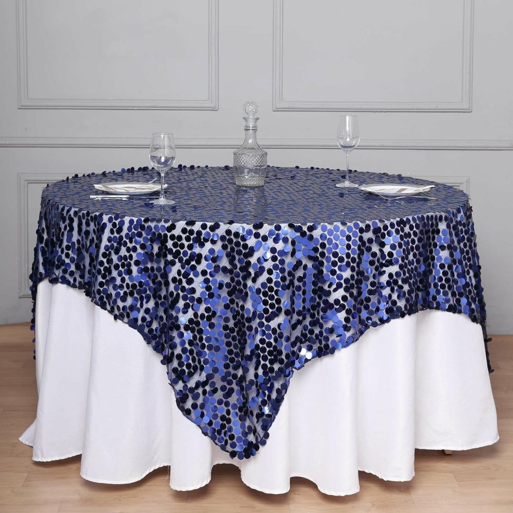 Navy Blue Premium Big Payette Sequin Square Table Overlay 72″x72″  |   Sequin Sequin Navy blue