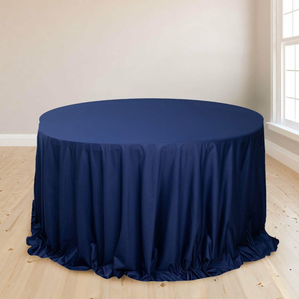 Navy Blue Premium Scuba Round Tablecloth, Wrinkle Free Polyester Seamless Tablecloth 132″ for 6 Foot Table With Floor-Length Drop  |   Polyester Polyester Navy blue