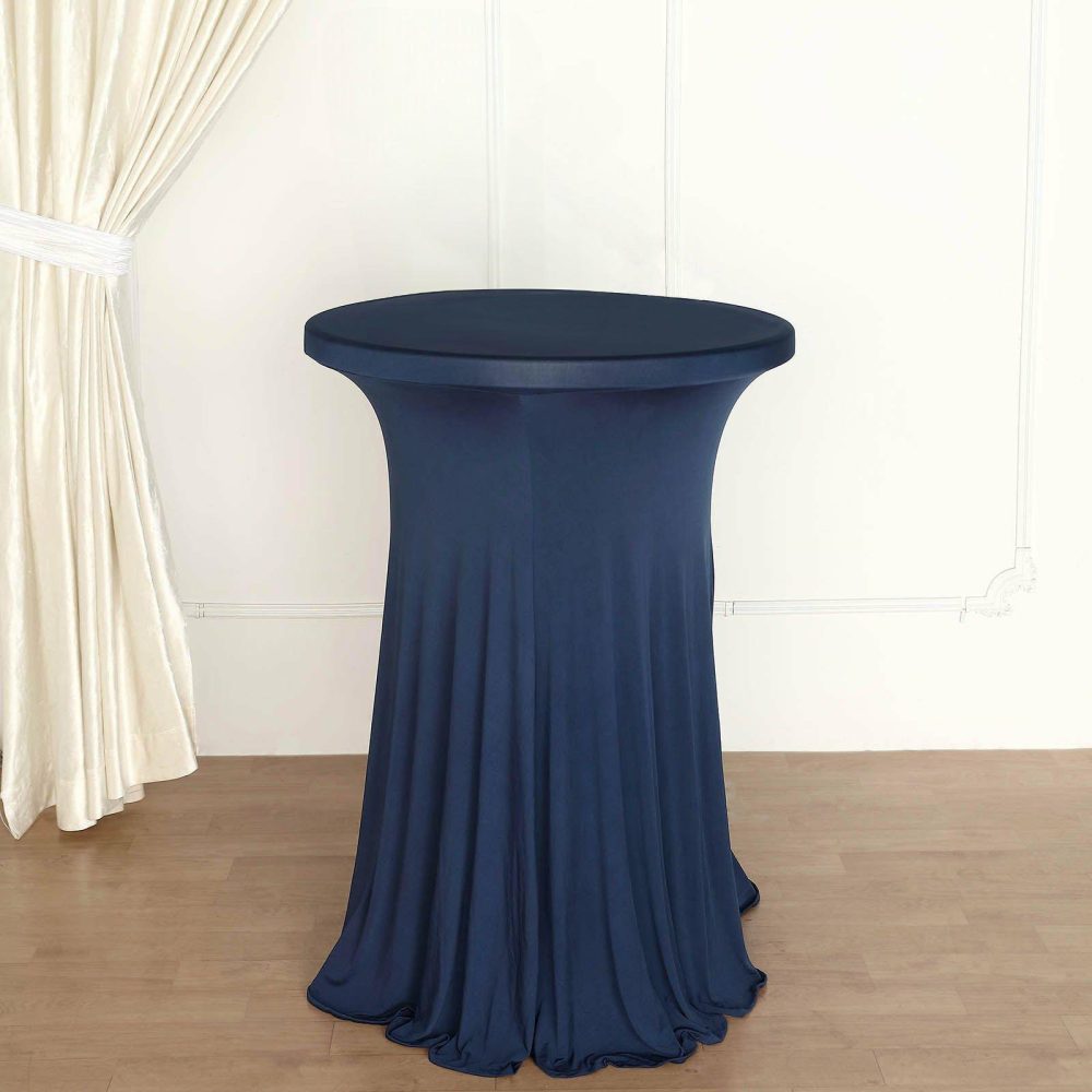 Navy Blue Round Spandex Cocktail Table Cover With Natural Wavy Drapes  |   Spandex & Fitted Spandex & Fitted Navy blue