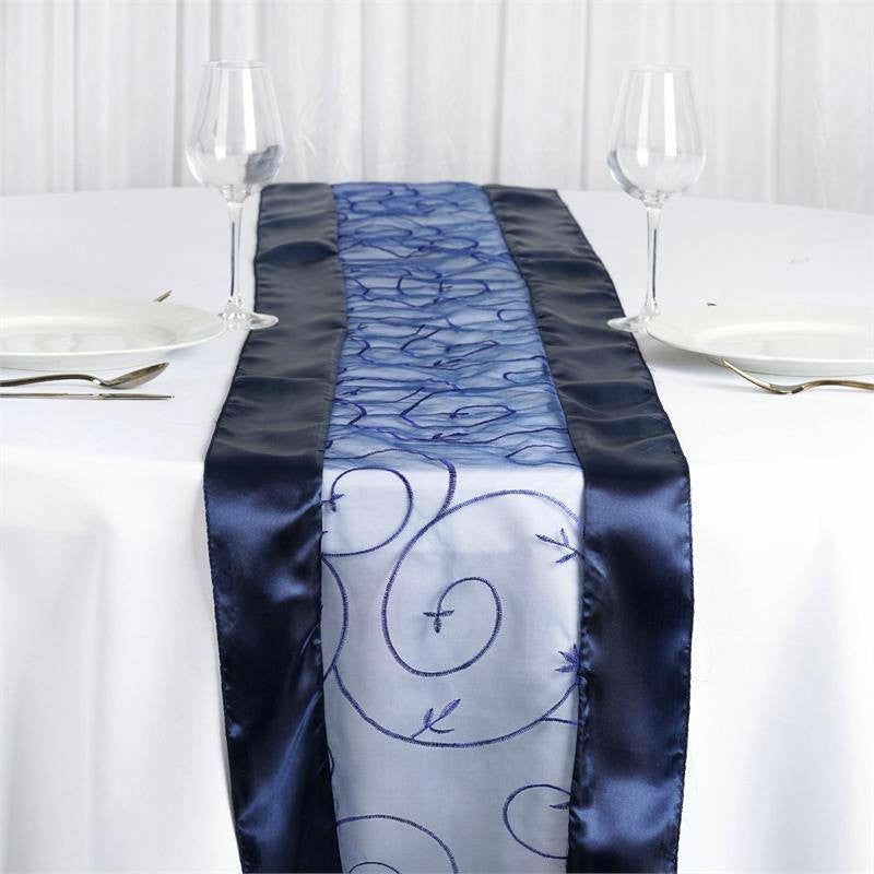 Navy Blue Satin Embroidered Sheer Organza Table Runner 14″x108″  |   Organza & Chiffon Organza & Chiffon Navy blue