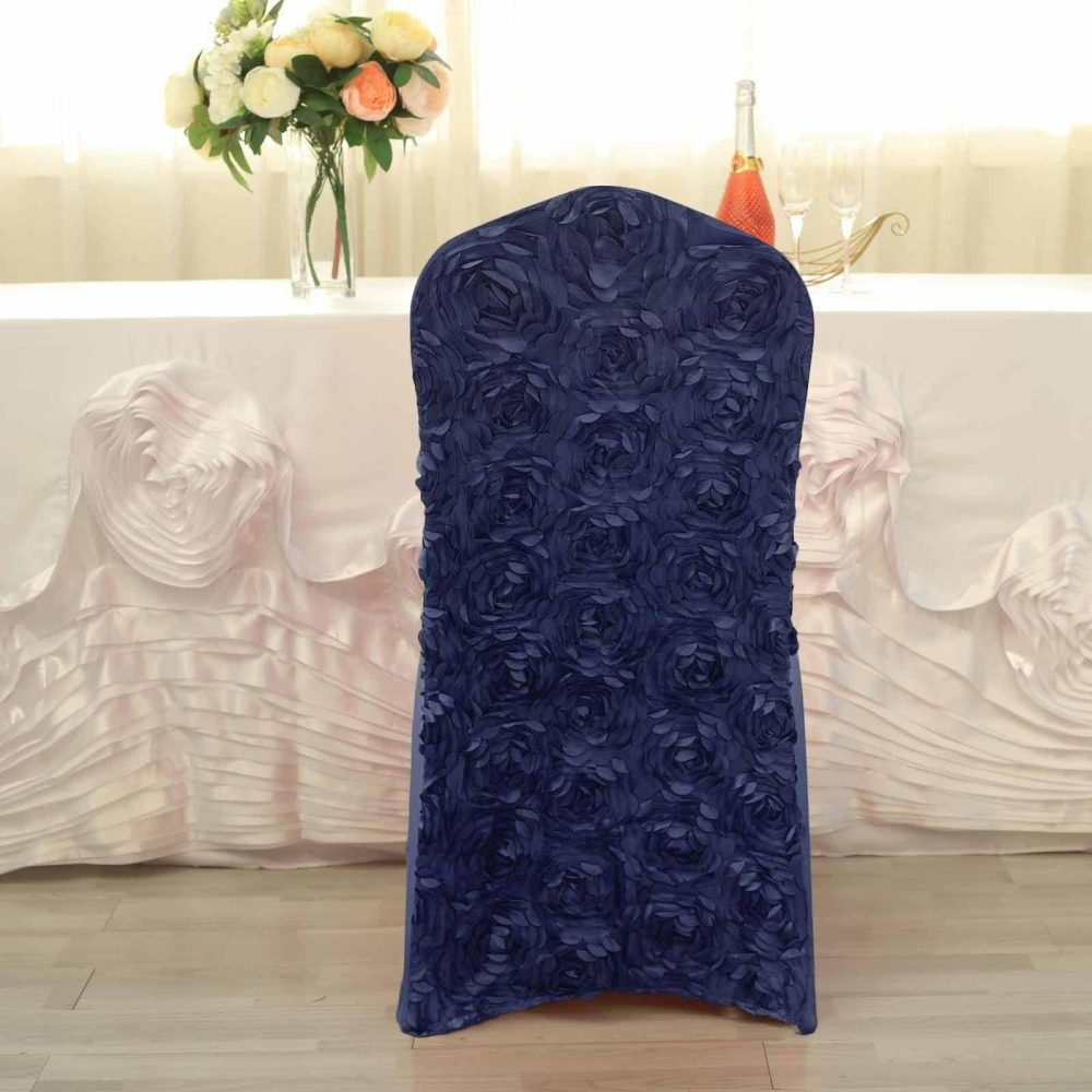 Navy Blue Satin Rosette Spandex Stretch Banquet Chair Cover, Fitted Slip On Chair Cover  |   Spandex Fitted Banquet Chair Covers Navy blue