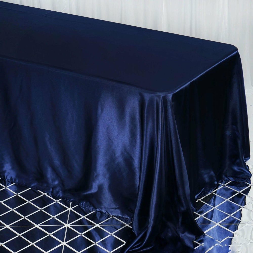 Navy Blue Satin Seamless Rectangular Tablecloth 90″x132″ for 6 Foot Table With Floor-Length Drop  |   Satin Satin Navy blue