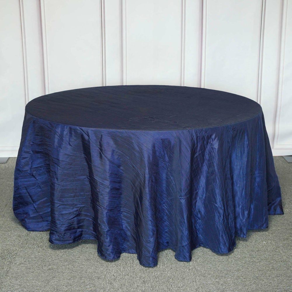 Navy Blue Seamless Accordion Crinkle Taffeta Round Tablecloth 120″ for 5 Foot Table With Floor-Length Drop  |   Pintuck, Crinkle & Leaf Pintuck, Crinkle & Leaf Navy blue