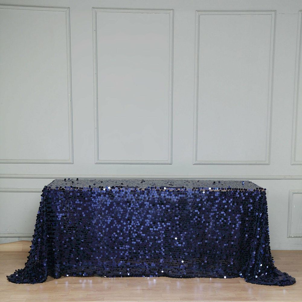 Navy Blue Seamless Big Payette Sequin Rectangle Tablecloth 90″x132″ for 6 Foot Table With Floor-Length Drop  |   Sequin Sequin Navy blue