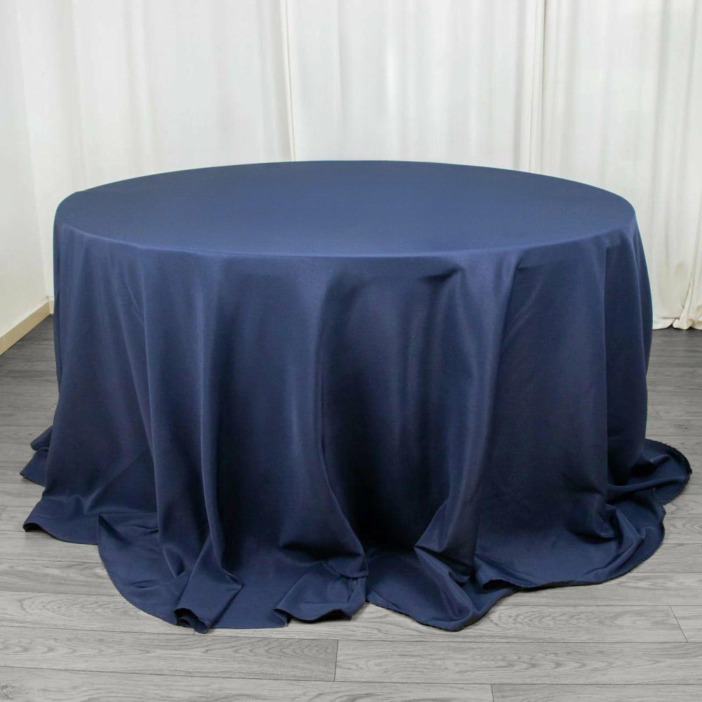 Navy Blue Seamless Premium Polyester Round Tablecloth 220GSM 132″ for 6 Foot Table With Floor-Length Drop  |   Polyester Polyester Navy blue