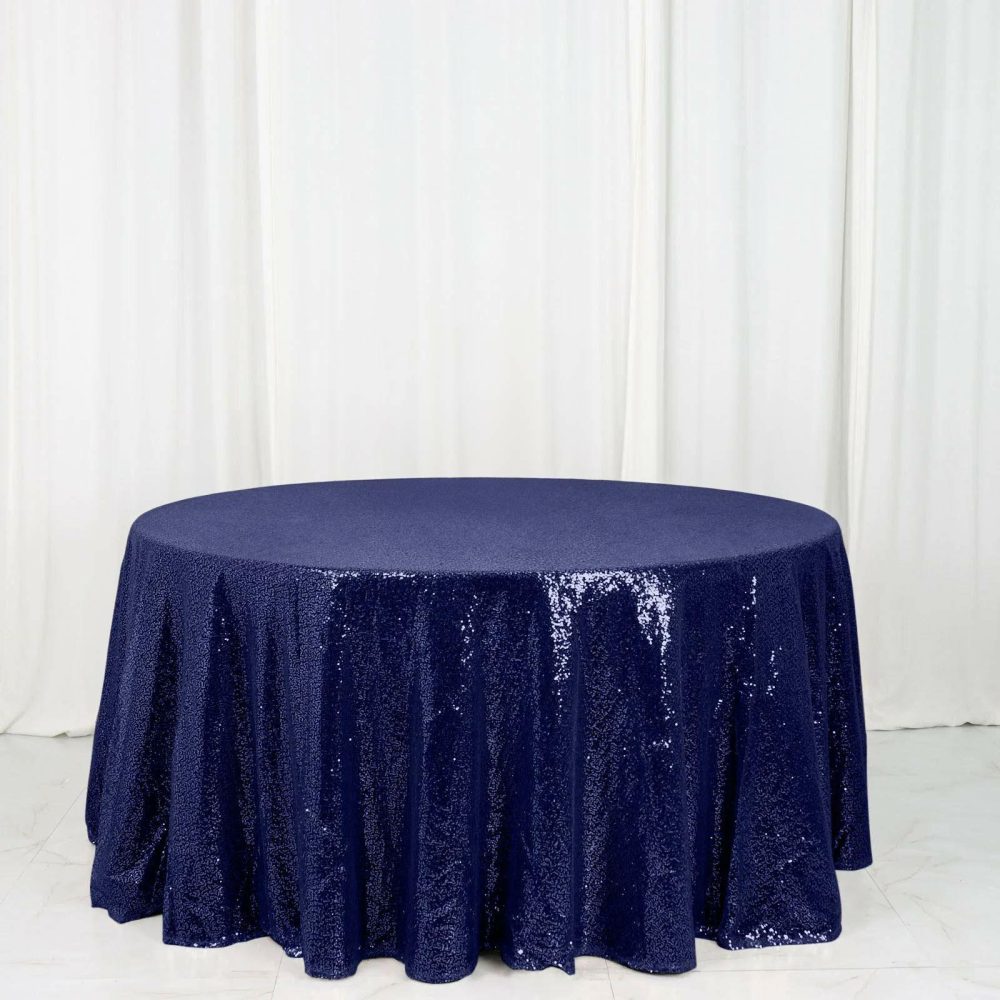 Navy Blue Seamless Premium Sequin Round Tablecloth 120″ for 5 Foot Table With Floor-Length Drop  |   Sequin Sequin Navy blue