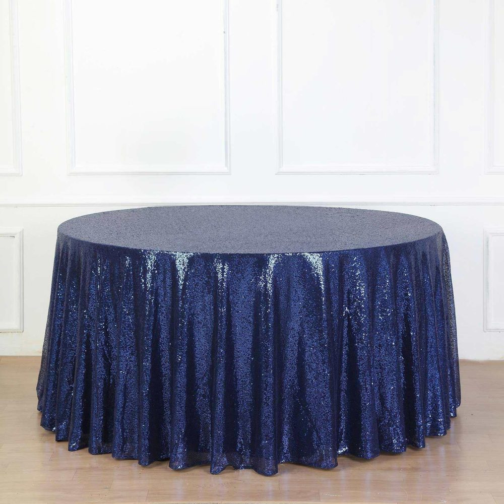 Navy Blue Seamless Premium Sequin Round Tablecloth, Sparkly Tablecloth 132″ for 6 Foot Table With Floor-Length Drop  |   Sequin Tablecloths Navy blue