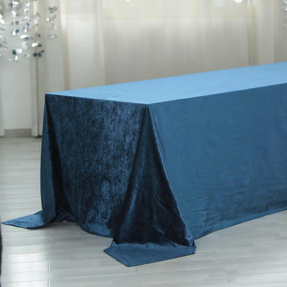 Navy Blue Seamless Premium Velvet Rectangle Tablecloth, Reusable Linen 90″x156″ for 8 Foot Table With Floor-Length Drop  |   Velvet & Flocking Tablecloths Navy blue