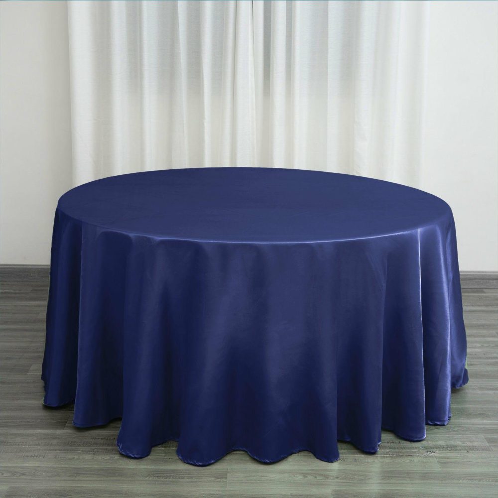 Navy Blue Seamless Satin Round Tablecloth 120″ for 5 Foot Table With Floor-Length Drop  |   Satin Satin Navy blue