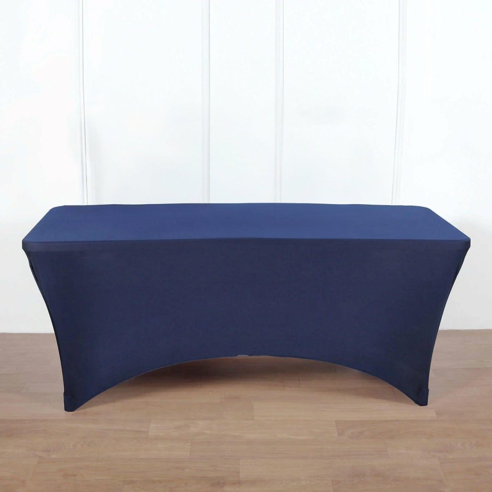 Navy Blue Stretch Spandex Rectangle Tablecloth 8ft Wrinkle Free Fitted Table Cover for 96″x30″ Tables  |   Spandex & Fitted Spandex & Fitted Navy blue