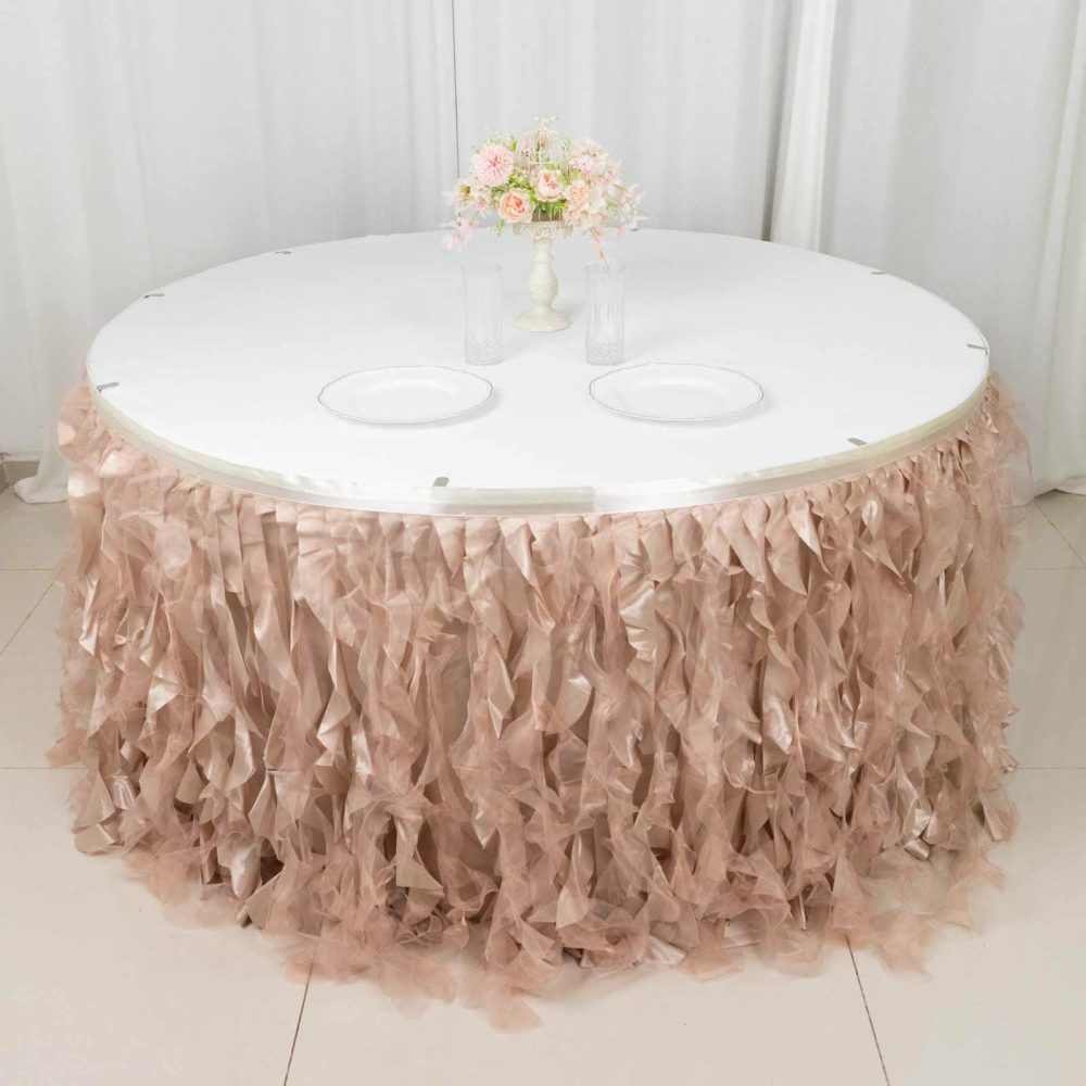 Nude Curly Willow Taffeta Table Skirt 14ft  |   Ruffled Tulle Ruffled Tulle Nude