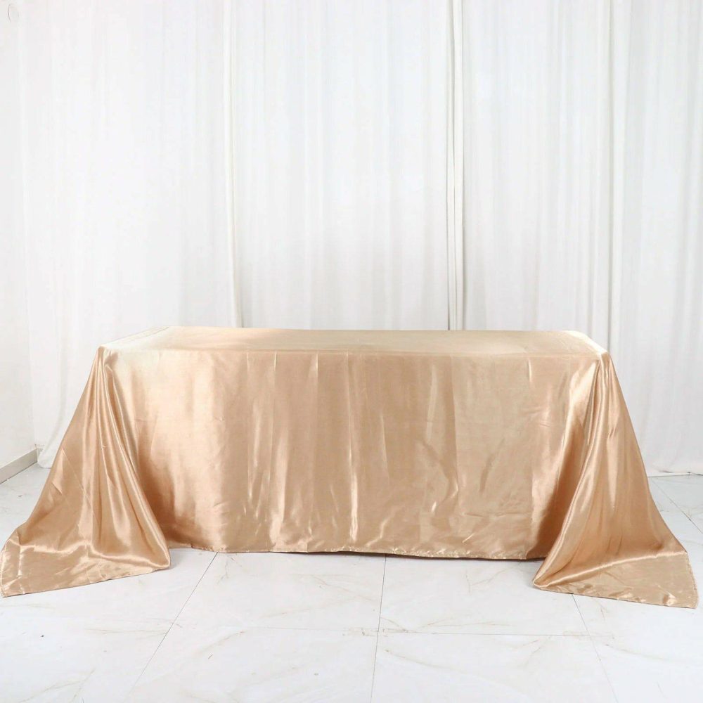 Nude Satin Seamless Rectangular Tablecloth 90″x132″ for 6 Foot Table With Floor-Length Drop  |   Satin Satin Nude