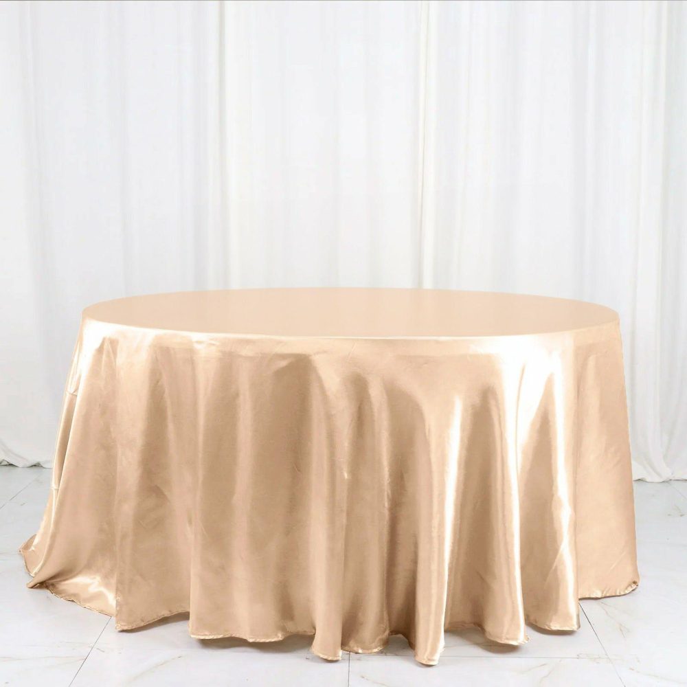 Nude Seamless Satin Round Tablecloth 120″ for 5 Foot Table With Floor-Length Drop  |   Satin Satin Nude