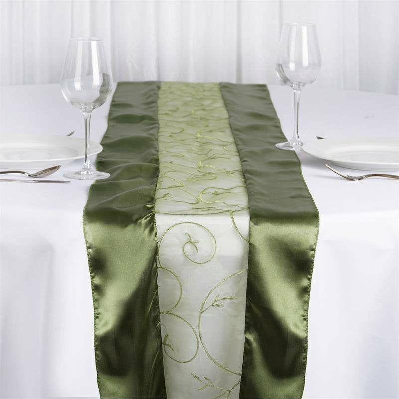 Olive Green Satin Embroidered Sheer Organza Table Runner 14″x108″  |   Organza & Chiffon Organza & Chiffon Olive green