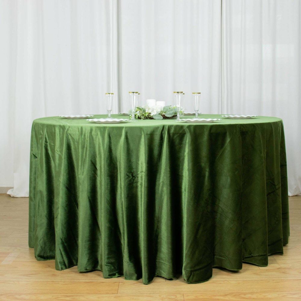 Olive Green Seamless Premium Velvet Round Tablecloth, Reusable Linen 120″ for 5 Foot Table With Floor-Length Drop  |   Velvet & Flocking Tablecloths Olive green