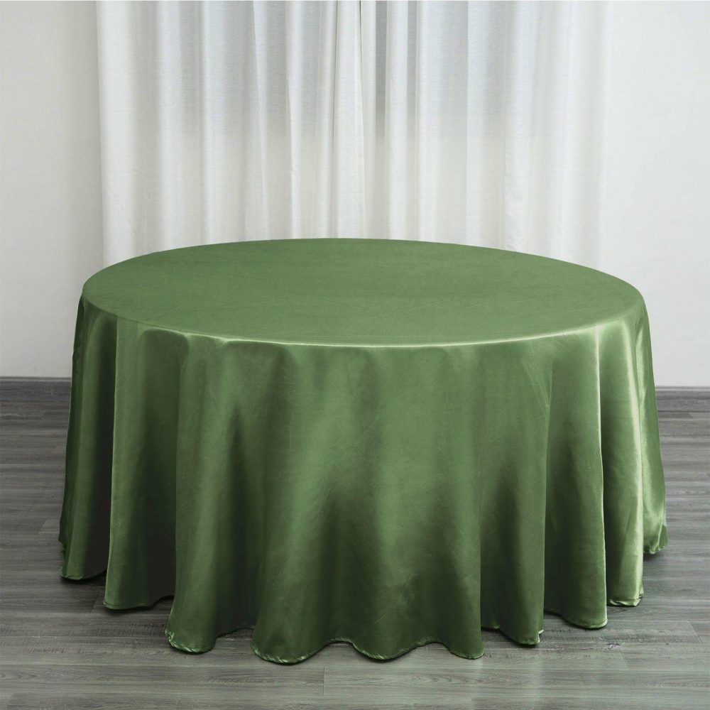 Olive Green Seamless Satin Round Tablecloth 120″ for 5 Foot Table With Floor-Length Drop  |   Satin Satin Olive green