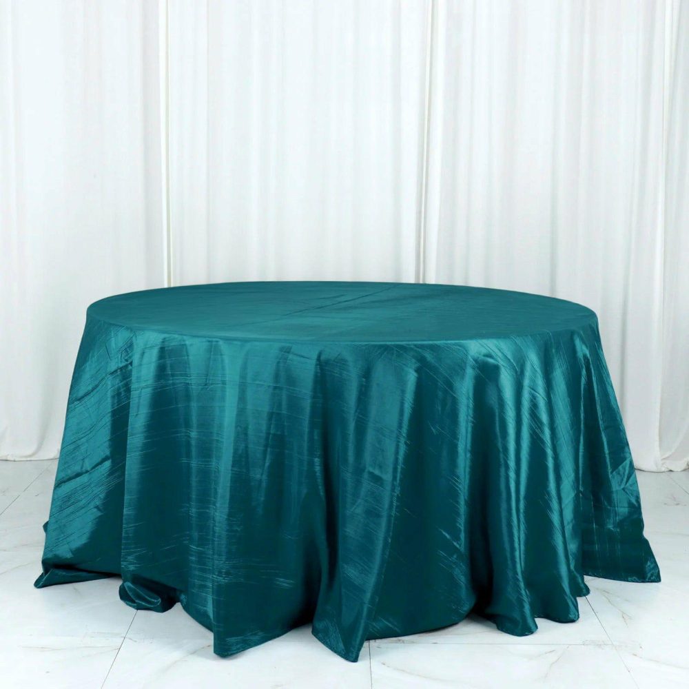 Peacock Teal Accordion Crinkle Taffeta Seamless Round Tablecloth 132″ for 6 Foot Table With Floor-Length Drop  |   Pintuck, Crinkle & Leaf Pintuck, Crinkle & Leaf Peacock Teal