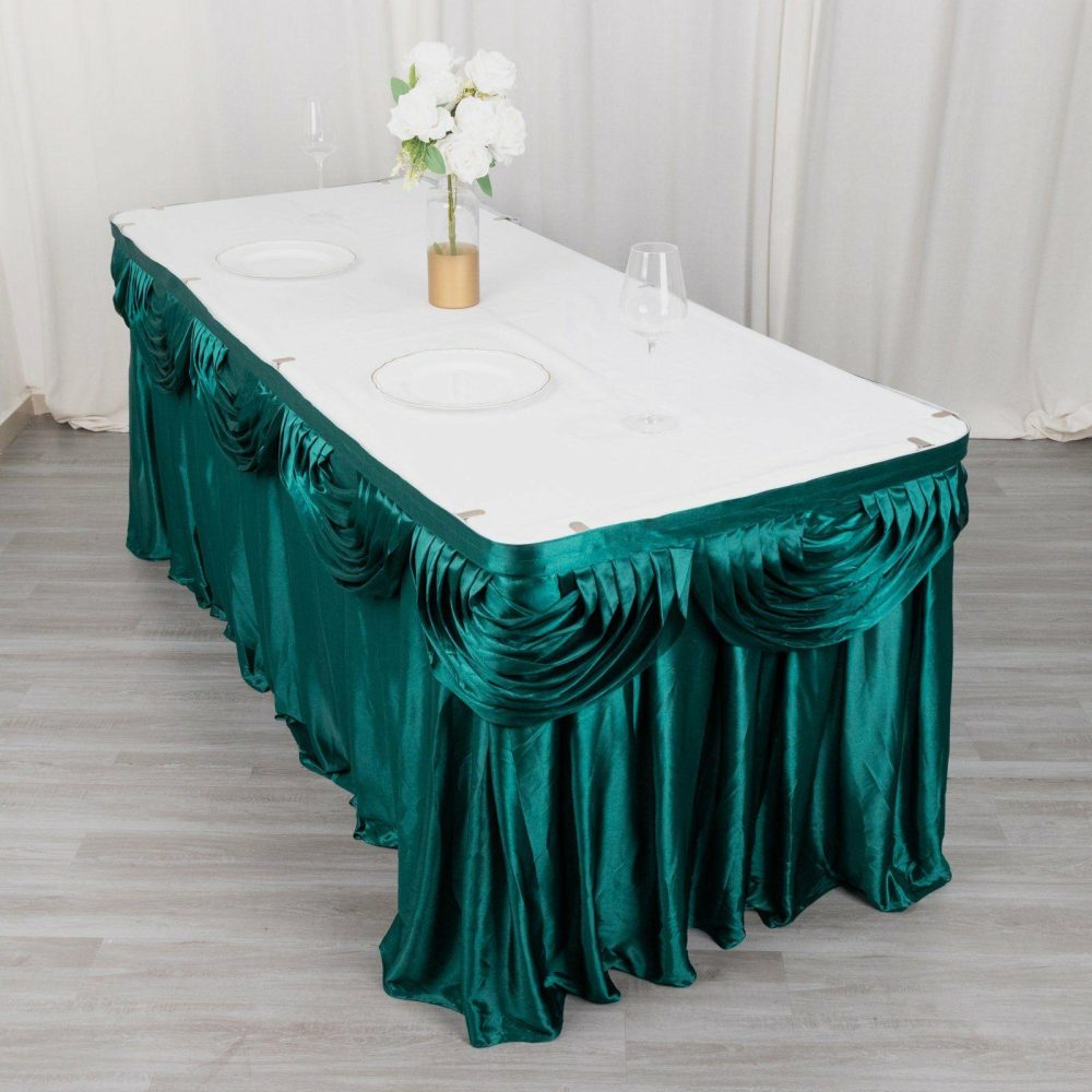 Peacock Teal Pleated Satin Double Drape Table Skirt 14ft  |   Satin Shimmer Satin Shimmer Peacock Teal