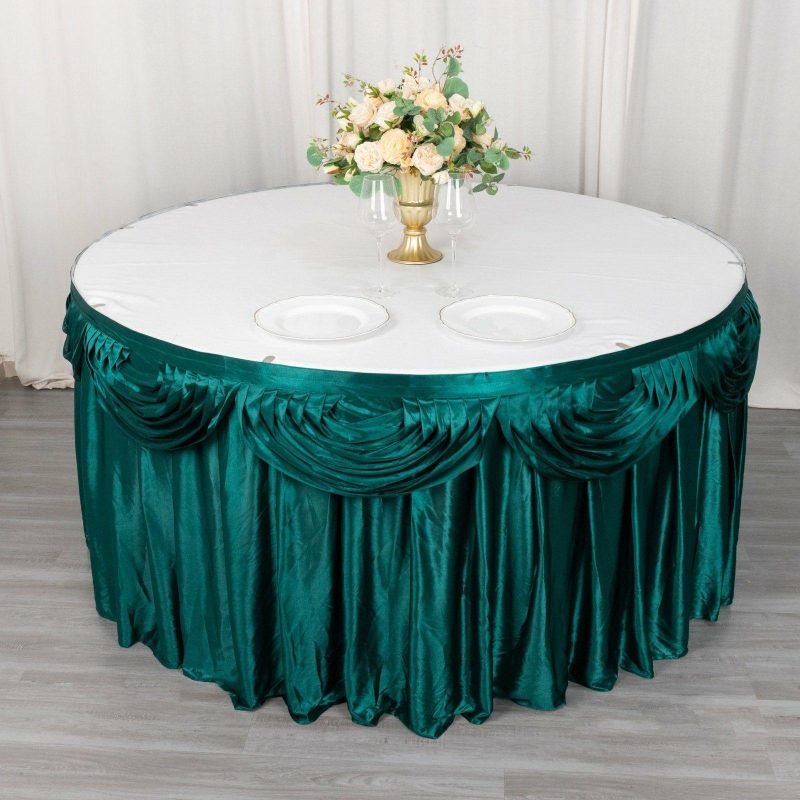 Peacock Teal Pleated Satin Double Drape Table Skirt 14ft  |   Satin Shimmer Satin Shimmer Peacock Teal