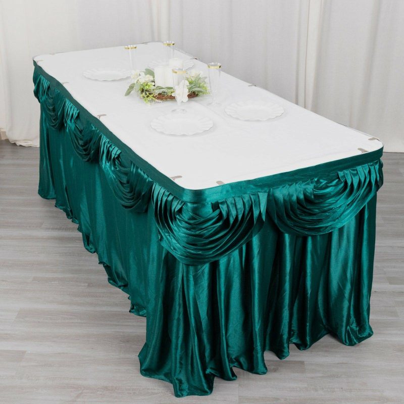 Peacock Teal Pleated Satin Double Drape Table Skirt 14ft  |   Satin Shimmer Satin Shimmer Peacock Teal