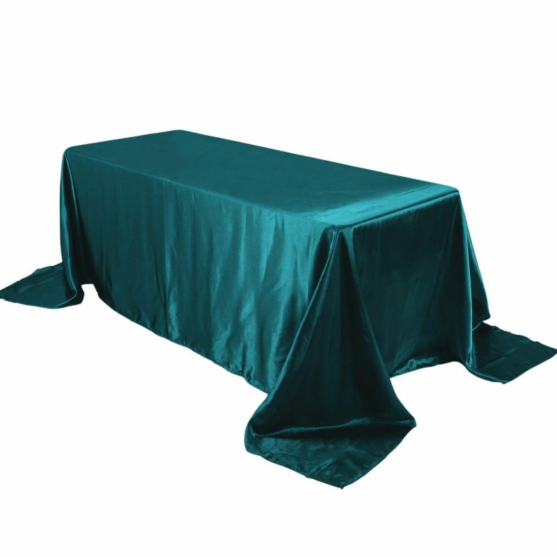 Peacock Teal Satin Seamless Rectangular Tablecloth 90″x132″ for 6 Foot Table With Floor-Length Drop  |   Satin Satin Peacock Teal