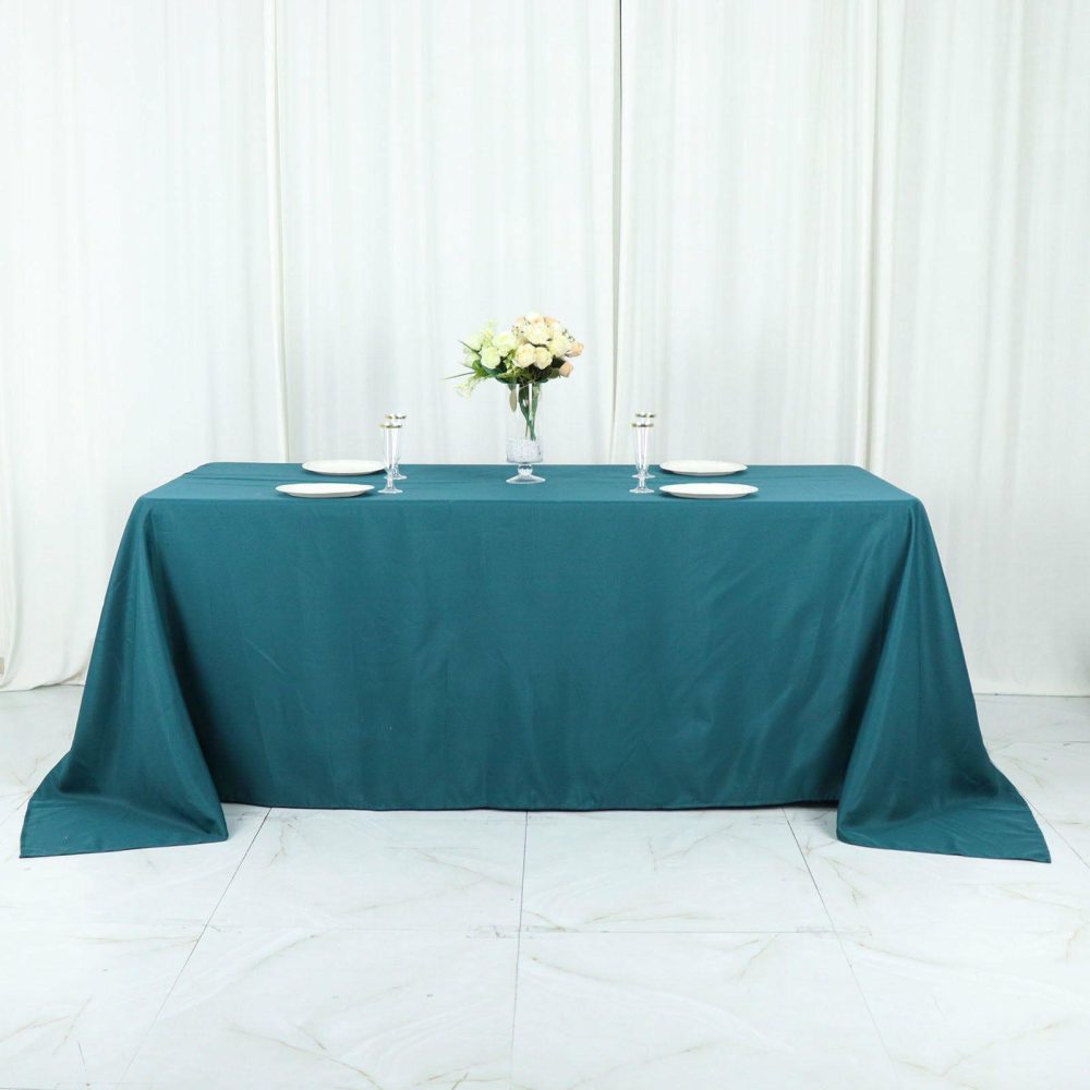 Peacock Teal Seamless Polyester Rectangular Tablecloth 90″x132″ for 6 Foot Table With Floor-Length Drop  |   Polyester Polyester Peacock Teal